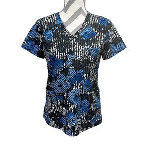 Koi Basics Scrubs Black Blue Floral Scrub Top Size XS Nursing Uniforms Dots